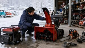 雪のある倉庫前で中古除雪機を点検する日本人男性