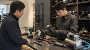 工具買取店で電動工具やエア工具を査定する日本人スタッフ