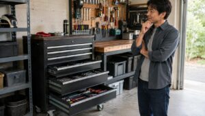ガレージで中古工具キャビネットの購入判断をする日本人男性