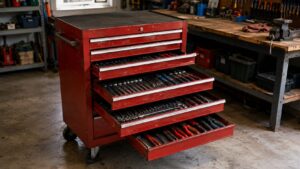 中古工具キャビネットの引き出しに工具を収納したガレージの作業風景