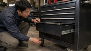 中古工具キャビネットの引き出しレールとキャスターを点検する日本人作業者