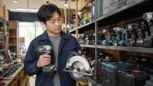 中古工具店で電動工具を比較する日本人男性