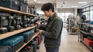 大阪の中古工具店で電動工具を手に取り状態を確認する日本人男性