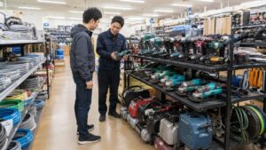電動工具や電材が並ぶ中古工具店の店内