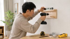 水平器と電動ドライバーを使って壁掛け棚を取り付ける日本人男性