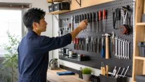 有孔ボードにドライバーやレンチを壁掛け収納する日本人男性の作業場