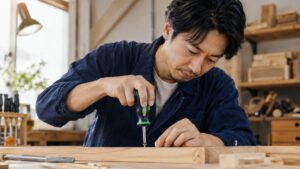日本人男性が握りやすいドライバーで木材にねじを締めている作業風景