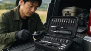 日本人男性が車のトランクでコンパクトな工具セットを使う準備をしている様子