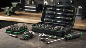 Wera風のドライバーやビット、六角レンチが整然と並ぶ作業台の工具セット