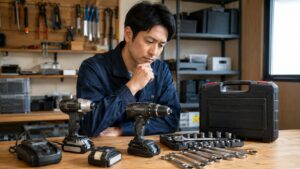 工具を売るならどこがいいか作業場で中古工具を見ながら考える日本人男性