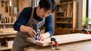 小型トリマーで木材の角を面取りする日本人男性