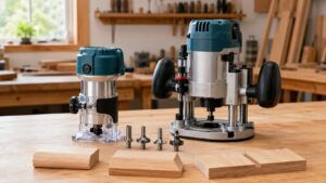 木工用トリマーとプランジルーターの違いをビットや加工見本と比較
