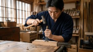 木工用ノミと玄能で木材のホゾ穴を加工する日本人職人