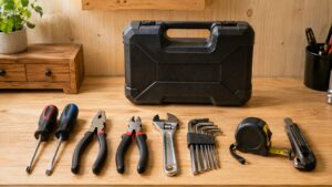 家庭用にそろえたい基本工具と工具ケースを木製作業台に並べた様子