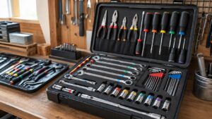 色分けされた工具を工具箱に整理して収納した作業場