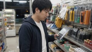 コンビニの日用品売り場でドライバーセットを確認する日本人男性