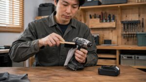 日本人作業者が電動工具の外装をブラシで掃除しバッテリーを外して手入れする様子