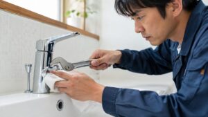 洗面台の水栓金具を傷防止の布とプライヤーレンチで調整する日本人作業員