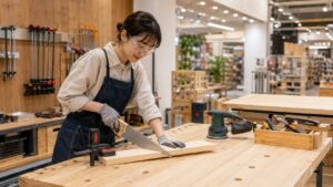ホームセンターの工作室で工具を使い木材を加工する女性