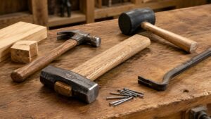 木製作業台に並んだげんのう、ネールハンマー、ゴムハンマー、バールと釘