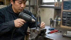 日本人作業者がヒートガンでペンチの熱収縮チューブを加熱して密着させる様子