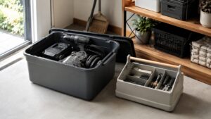 電動工具と軽い手工具をプラスチックケースで分けた工具収納