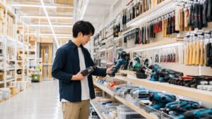 ホームセンターの工具売り場で電動工具を比較する日本人男性
