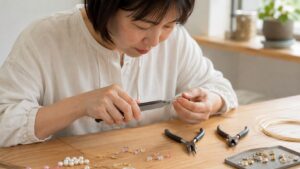 ヤットコを使ってアクセサリー金具を加工する日本人作業者