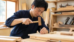 日本人男性がげんのうで木材に釘を打つ木工DIY作業