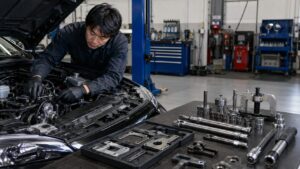 自動車整備工場で日本人整備士がエンジンを点検し、作業台に特殊工具やSSTを並べている様子