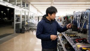 夜間営業の大型店舗でペンチや工具を選ぶ日本人男性