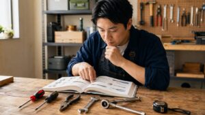 日本人男性が工具図鑑を見ながら工具の種類と使い方を学んでいる様子