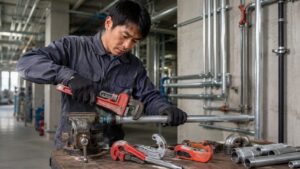 配管現場で日本人作業員がパイプレンチを使い、MCC工具の代表的な配管作業を行う様子
