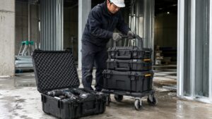 モジュラー式工具ケースとハードケースを現場で運ぶ作業員