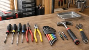 テープやリングで色分けされたドライバーや工具