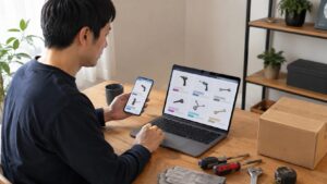工具通販で価格や付属品を比較する日本人男性