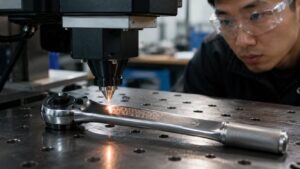 金属ラチェットへレーザー刻印を施す日本人作業者の工房風景