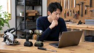 工具ブログのレビューを参考に電動工具を比較する日本人男性