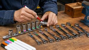 ペイントマーカーでソケットやレンチを色分けする作業