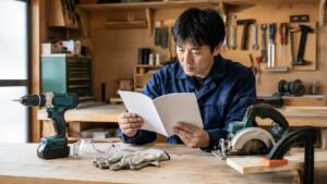 電動工具と保護具を前に日本人男性が説明書を確認して安全に学ぶ様子