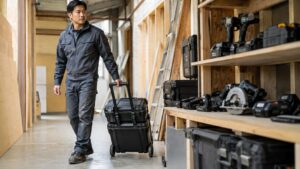 日本人作業者が重い工具をキャスター付き工具ケースで運ぶ様子
