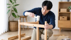 日本人男性がゴムハンマーで木製家具を組み立てるDIY作業