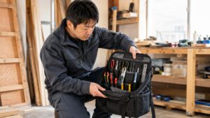 日本人作業者が工具ソフトケースのポケット収納を確認する様子