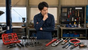 日本人整備士が自動車用特殊工具と配管工具を見比べ、作業に合う専門工具を選んでいる様子
