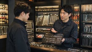 工具専門店でソケットセットについて店員に相談する様子