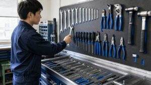 シャドーボードと工具収納スポンジで工具を整理整頓する日本人作業者