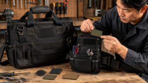 工具バッグと腰袋に交換式ワッペンを取り付ける日本人作業者