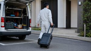 工具キャリーケースを引いて現場へ移動する作業員