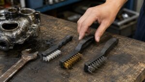 ナイロンブラシ、真鍮ブラシ、ワイヤーブラシを工具の汚れ落としに使い分ける様子