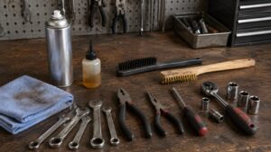 工具掃除に使うウエス、ブラシ、パーツクリーナー、防錆油とレンチ類を作業台に並べた様子